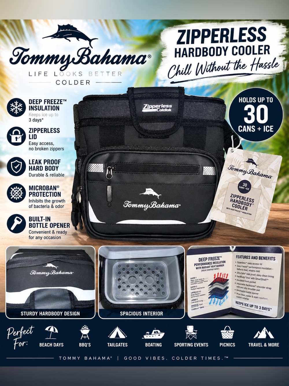 Tommy Bahama Black Zipperlesst Hardbody Cooler Bag holds 30 cans + ice